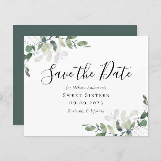 BUDGET Eucalyptus Sweet Sixteen Save the Date (Voorkant / Achterkant)