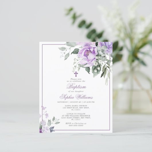 Budget Eucalyptus Violet Bloem Doop Uitnodiging (Staand voorkant)