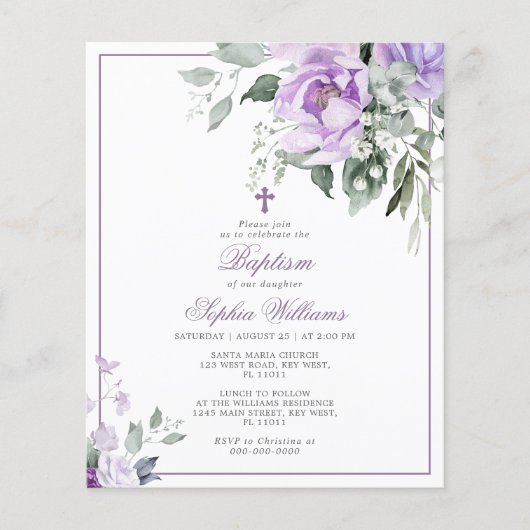 Budget Eucalyptus Violet Bloem Doop Uitnodiging (Voorkant)