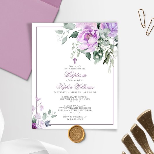 Budget Eucalyptus Violet Bloem Doop Uitnodiging