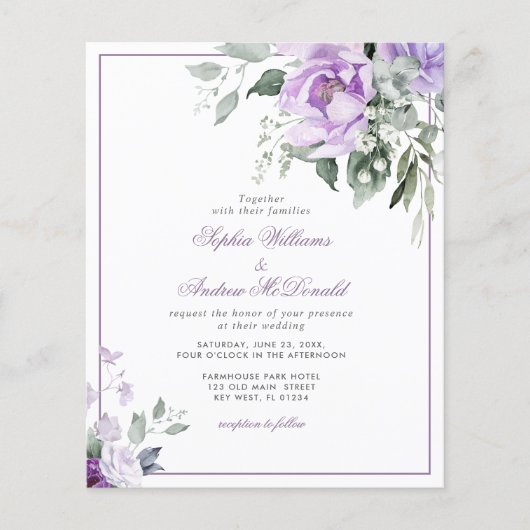 Budget Eucalyptus Violet Bloem Huwelijksuitnodigin (Voorkant)