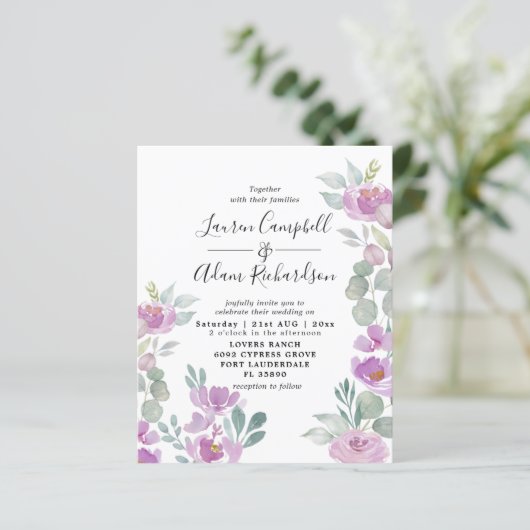 Budget Eucalyptus Waterverf Roze bruiloft Uitnodig (Staand voorkant)