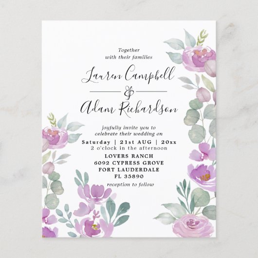 Budget Eucalyptus Waterverf Roze bruiloft Uitnodig (Voorkant)
