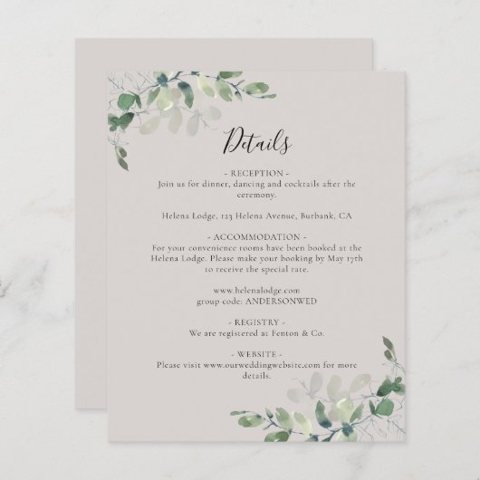 Budget Eucalyptus Wedding Details Enclosure Kaart (Voorkant / Achterkant)