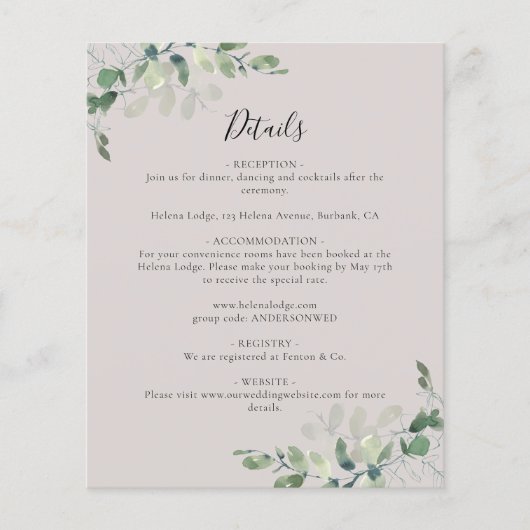 Budget Eucalyptus Wedding Details Enclosure Kaart (Voorkant)