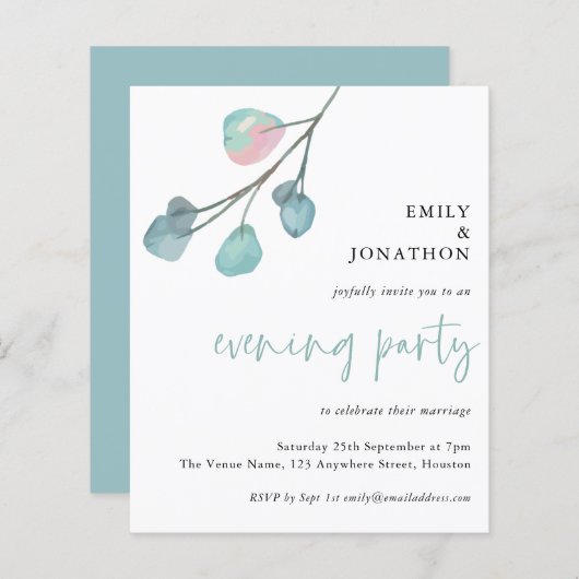 Budget Eucalyptus Wedding Evening Party Uitnodigin (Voorkant / Achterkant)