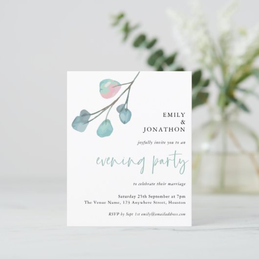 Budget Eucalyptus Wedding Evening Party Uitnodigin (Staand voorkant)