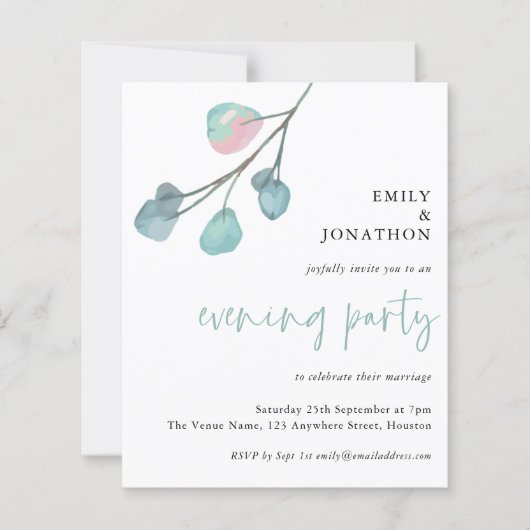 Budget Eucalyptus Wedding Evening Party Uitnodigin (Voorkant)