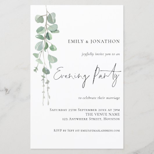 Budget Eucalyptus Wedding Evening Party Uitnodigin (Voorkant)