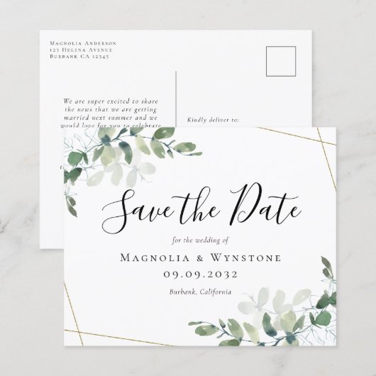 Budget Eucalyptus Wedding Save the Date Briefkaart (Voorkant / Achterkant)