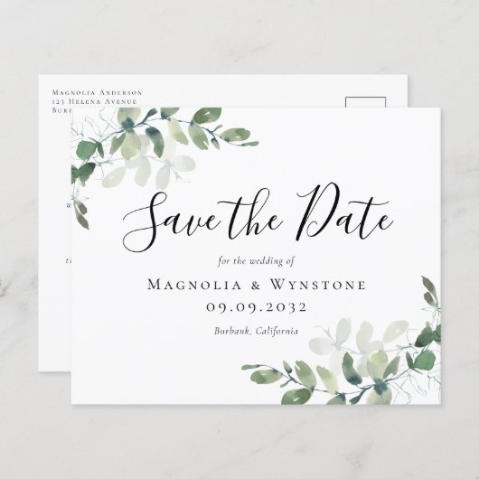 Budget Eucalyptus Wedding Save the Date Briefkaart (Voorkant / Achterkant)