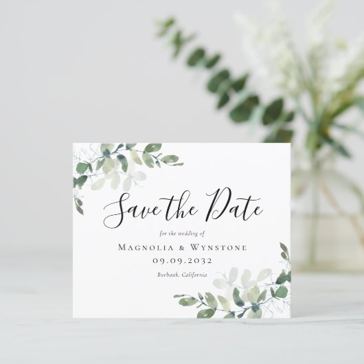 Budget Eucalyptus Wedding Save the Date Briefkaart (Staand voorkant)