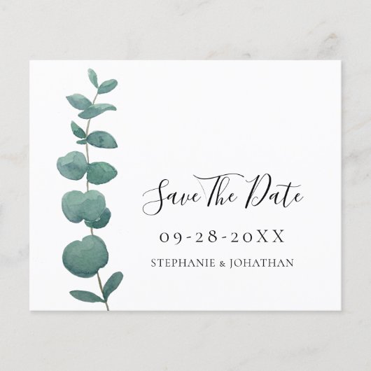 Budget Eucalyptus Wedding Save the Date Kaart (Voorkant)