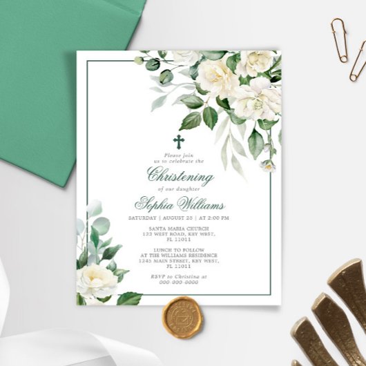 Budget Eucalyptus White Christening Invitation