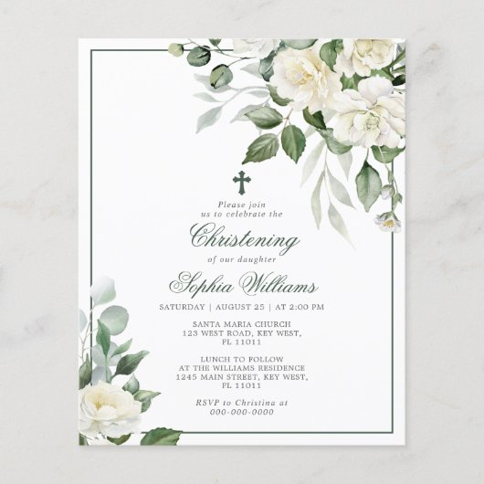 Budget Eucalyptus White Christening Invitation (Voorkant)