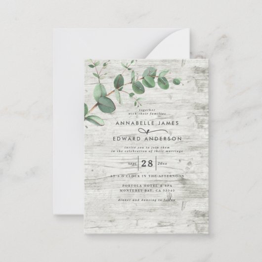 budget Eucalyptus white wood bruiloft Uitnodiging (Voorkant)