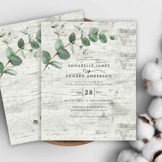 budget Eucalyptus white wood bruiloft Uitnodiging Flyer