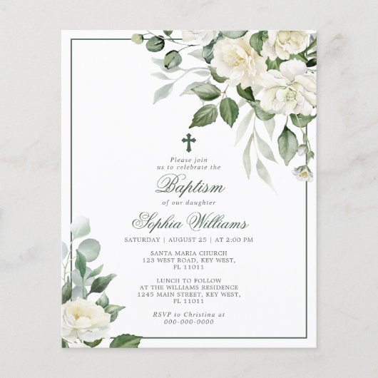 Budget Eucalyptus Witte Bloemen Doop Uitnodiging (Voorkant)