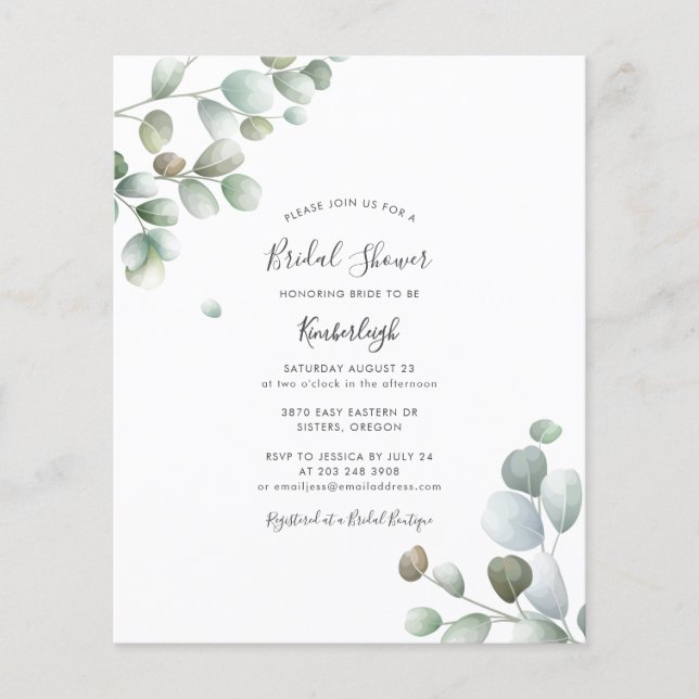 Budget Eucalyptusblad Bruiloft Feest Uitnodiging (Voorkant)