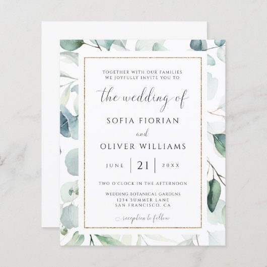 Budget Eucalyptusgroen Huwelijksuitnodiging (Voorkant / Achterkant)