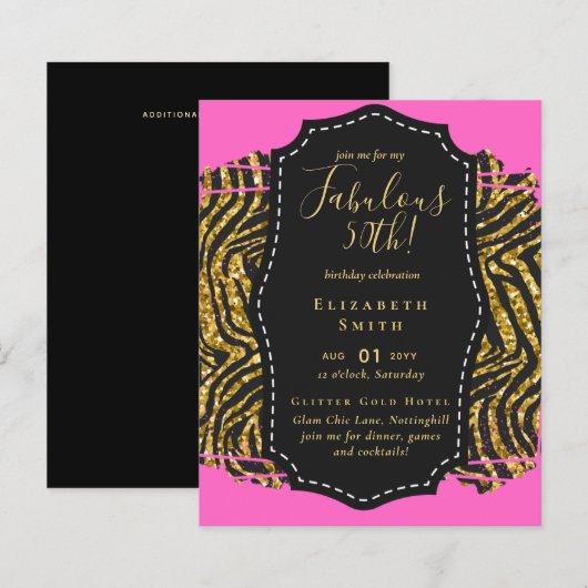 BUDGET Fabulous 50th Birthday Glam Chick Invitenis (Voorkant / Achterkant)