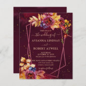 Budget Fall Leaves Flowers Burgundy Wedding Invite (Voorkant / Achterkant)