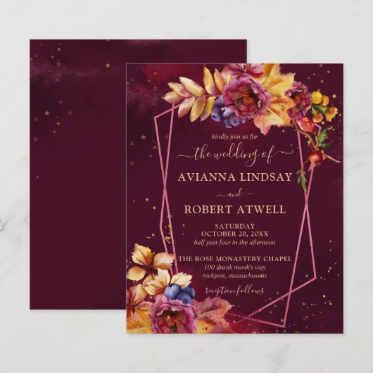 Budget Fall Leaves Flowers Burgundy Wedding Invite (Voorkant / Achterkant)