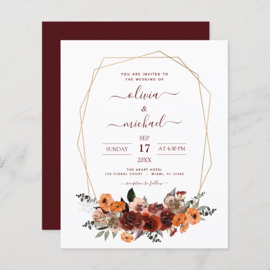 Budget Fall Wedding Burgundy Eucalyptus Floral (Voorkant / Achterkant)