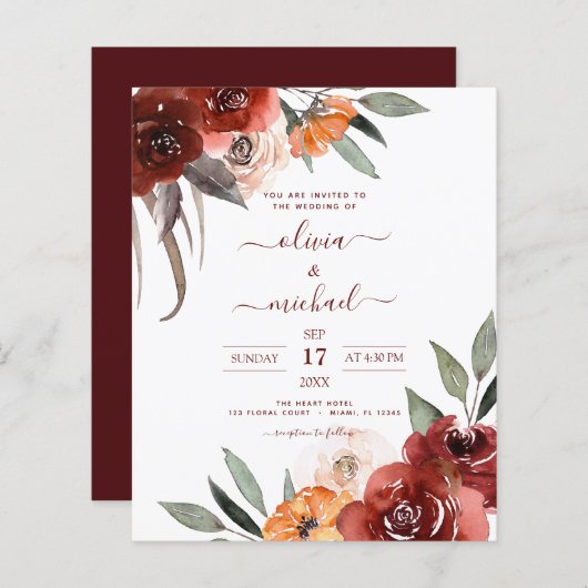 Budget Fall Wedding Burgundy Floral (Voorkant / Achterkant)