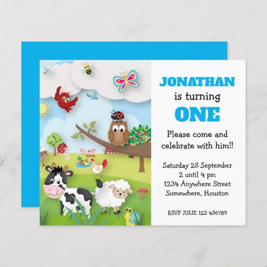 Budget Farm Animals Boy First Birthday Uitnodiging (Voorkant / Achterkant)