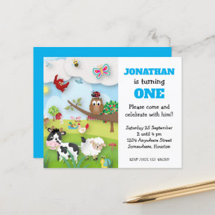 Budget Farm Animals Boy First Birthday Uitnodiging