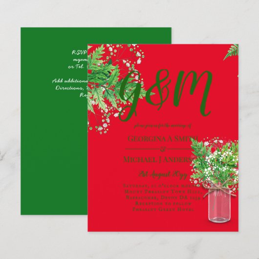 BUDGET Ferns Greenery Red Wedding Invite (Voorkant / Achterkant)