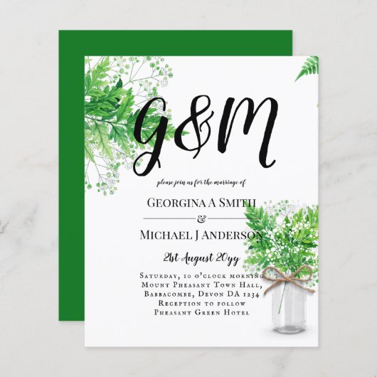 BUDGET Ferns Greenery White Wedding Invite (Voorkant / Achterkant)
