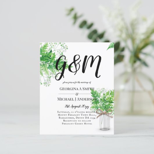 BUDGET Ferns Greenery White Wedding Invite (Staand voorkant)
