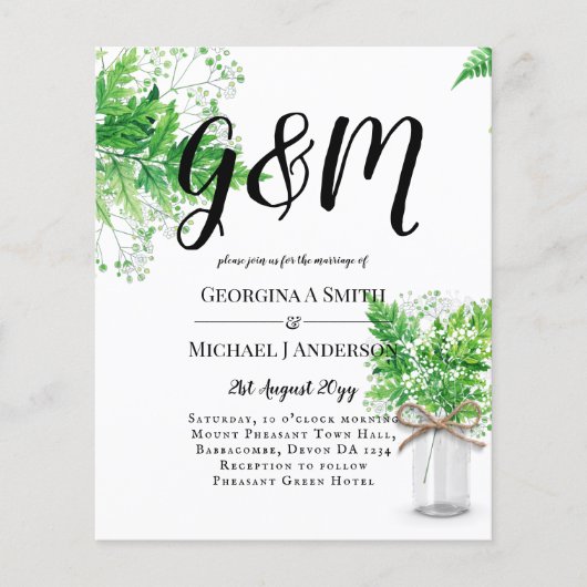 BUDGET Ferns Greenery White Wedding Invite (Voorkant)