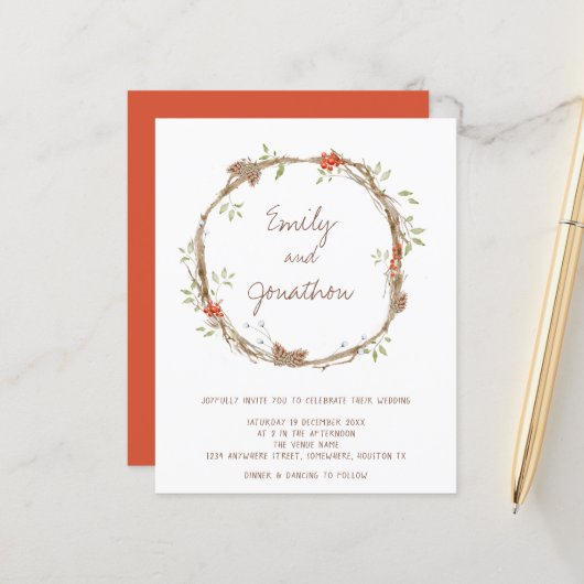 Budget Festive Pines Berries Wedding Invitation (Voorkant / Achterkant in situ)