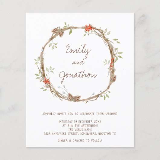 Budget Festive Pines Berries Wedding Invitation (Voorkant)