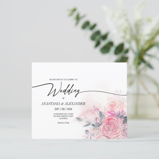 BUDGET Fijne Floral bruiloft uitnodiging. (Staand voorkant)