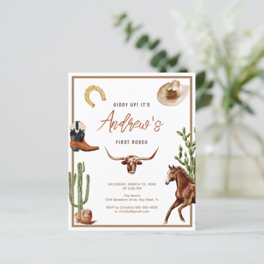 Budget First Rodeo Cowboy Verjaardagsuitnodiging (Staand voorkant)