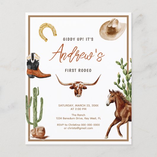 Budget First Rodeo Cowboy Verjaardagsuitnodiging (Voorkant)