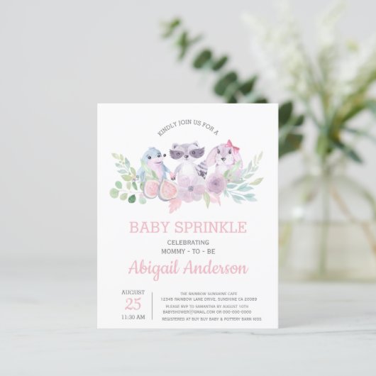 Budget Floral Animal Baby Sprinkle Uitnodiging (Staand voorkant)