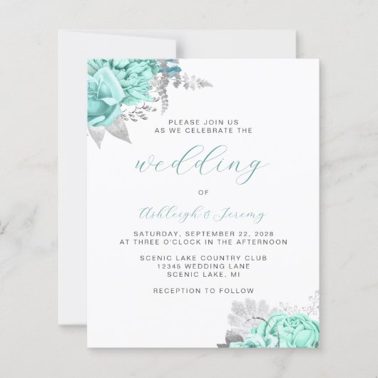 Budget Floral Aqua Silver Script Wedding Invite (Voorkant)