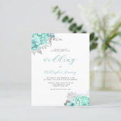 Budget Floral Aqua Silver Script Wedding Invite (Staand voorkant)