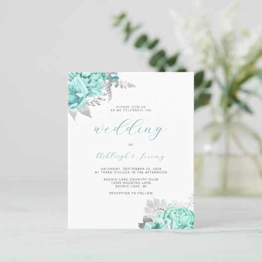 Budget Floral Aqua Silver Script Wedding Invite (Staand voorkant)