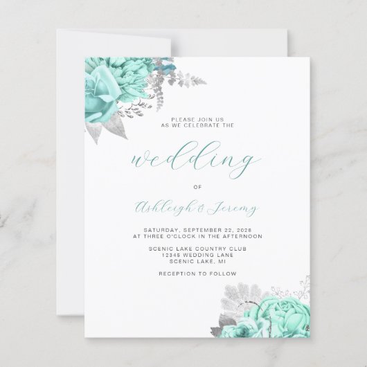 Budget Floral Aqua Silver Script Wedding Invite (Voorkant)