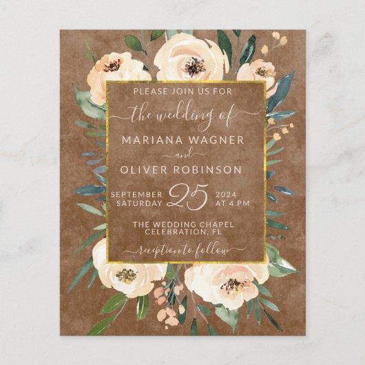 Budget Floral Beige Gold Brown Wedding Invitation (Voorkant)