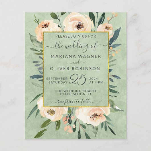 Budget Floral Beige Gold Green Wedding Invitation (Voorkant)