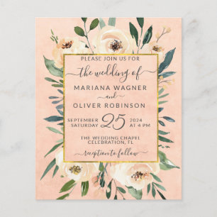 Budget Floral Beige Gold Pink Weduwen Uitnodiging Flyer