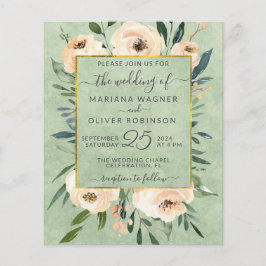 Budget Floral Beige Rozen Gold Sage Green Wedding Flyer