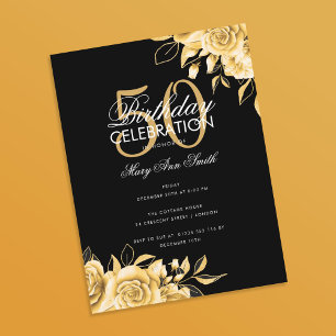 Budget Floral Birthday Party Elegant Gold & Black Briefkaart